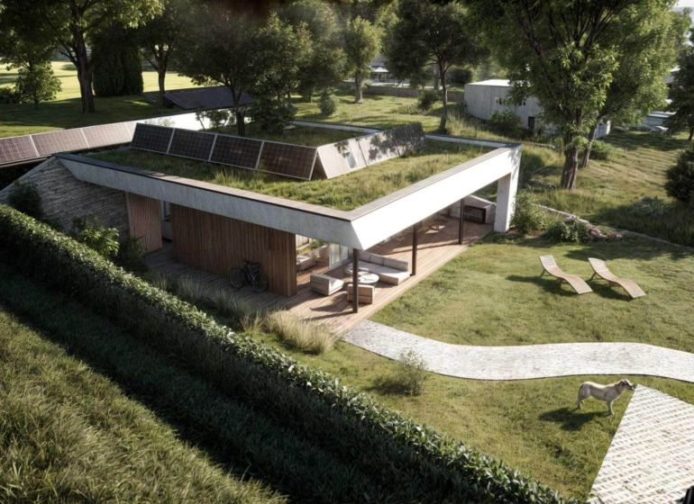 Einfamilienhaus in Častkovce mit Terrasse und Gründach, umgeben von Natur.