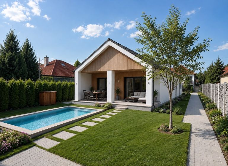 Ein Garten bei einem Einfamilienhaus mit Pool in der Straße in Veľká Mača unter blauem Himmel.