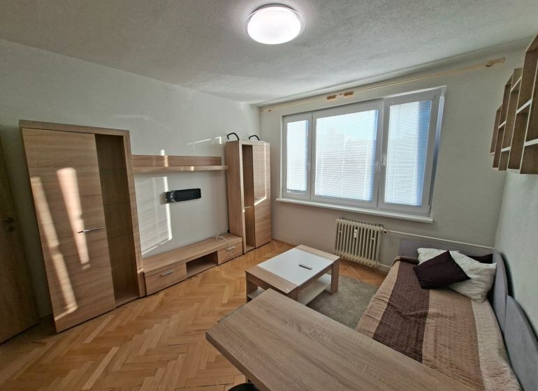 Einzimmerwohnung mit hellen Möbeln, Sofa und Boden in Holzoptik.