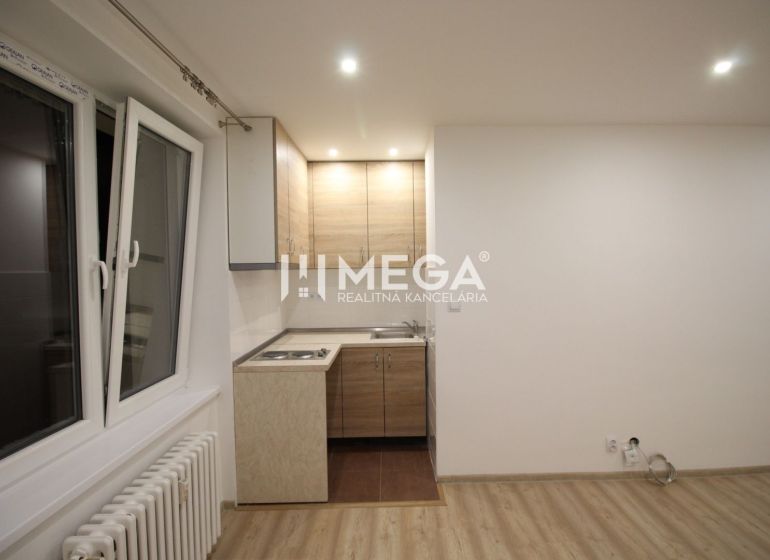 Küche in einer Ferienwohnung mit Küchenzeile und Boden in Holzoptik.