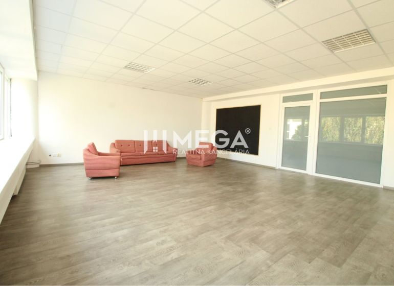 Geräumige Büros, Sofas, große Fenster und ein Boden mit Holzdekor.