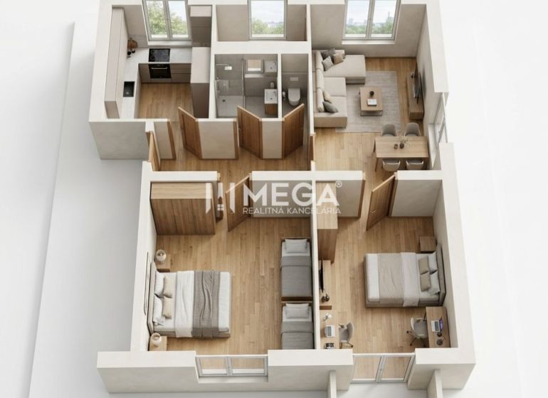 Grundriss einer 3-Zimmer-Wohnung mit Holzboden und geräumigen Zimmern.