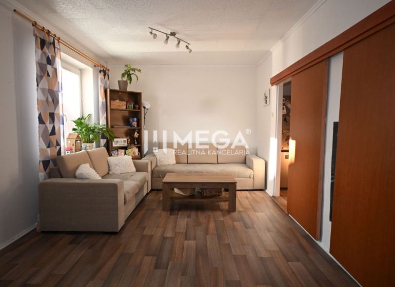 Wohnzimmer in einer Zweizimmerwohnung mit Holzboden und einer bequemen Couch.