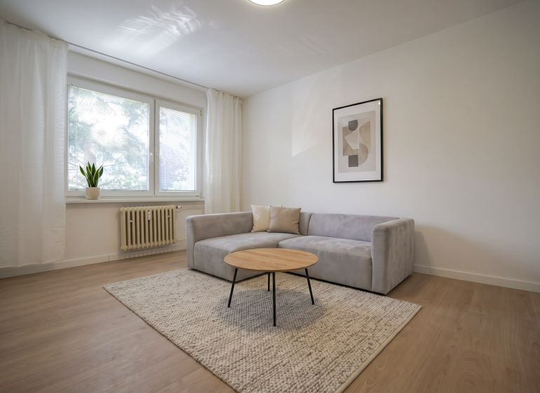 Wohnzimmer in einer Einzimmerwohnung mit Sofa, Teppich und Holzboden.