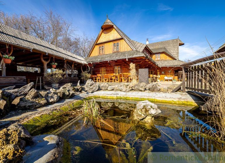 Ein Holzfamilienhaus in Machulince mit einem kleinen Gartenteich auf einem sonnigen Grundstück.