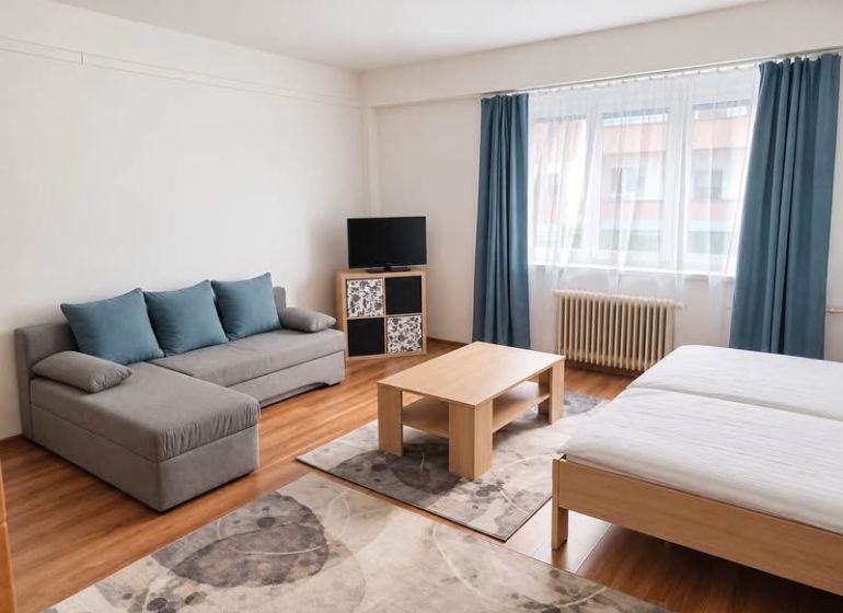 Einzimmerwohnung mit Sofa, Bett, Fernseher, Tisch und Boden in Holzoptik.