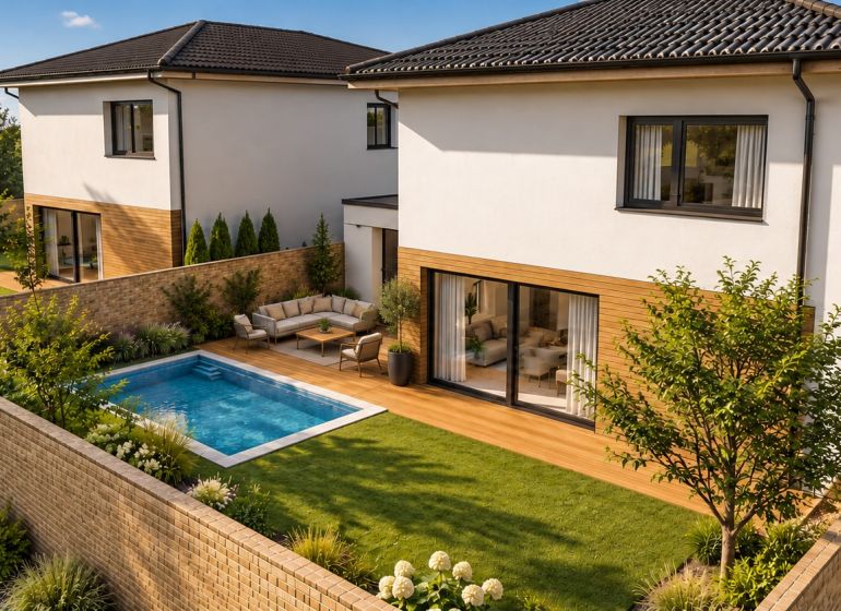 Einfamilienhäuser in Vinohrady in Senica haben einen Pool und eine Terrasse mit privatem Garten.