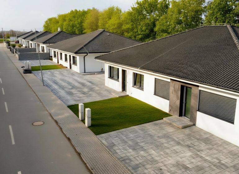 Reihenhaus in Hôrka nad Váhom mit gepflasterter Zufahrt und gepflegtem Rasen.
