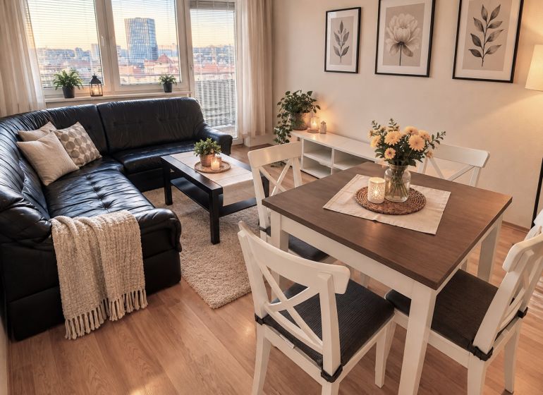 Wohnzimmer in einer 2-Zimmer-Wohnung mit Ledersofa und Holzboden.
