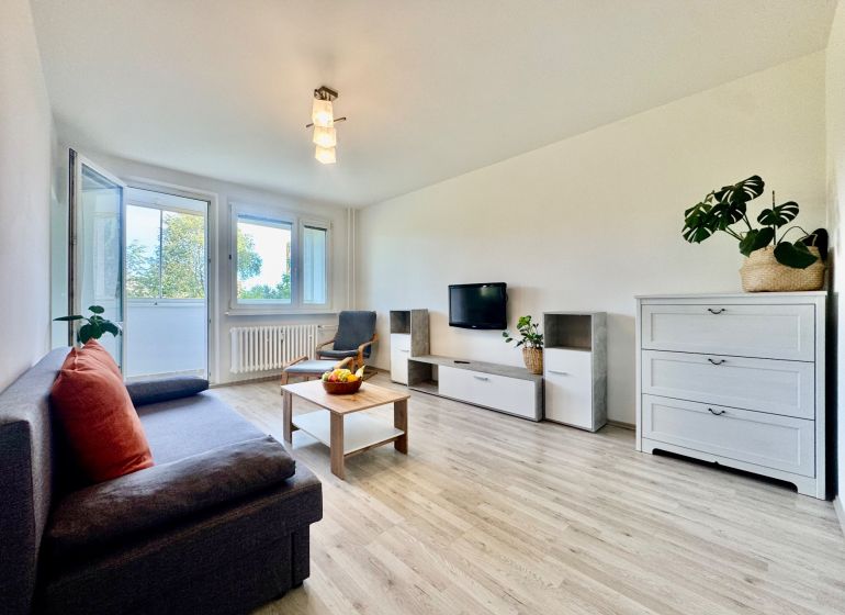 Wohnzimmer in einer 3-Zimmer-Wohnung mit Holzboden und ausziehbarem Sofa.