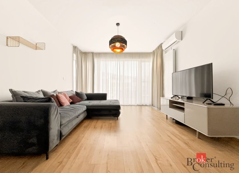Wohnzimmer in einer 2-Zimmer-Wohnung mit einem Sofa und einem Boden in Holzoptik.