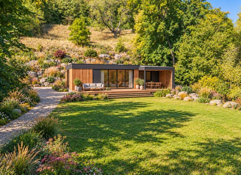 Ein modernes Gartenhaus umgeben von Grün in Štiavnické Bane, ideal für Erholungsgrundstücke.