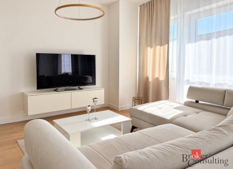 Helles Wohnzimmer mit Sofa, Fernseher und Holzboden in einer Einzimmerwohnung.