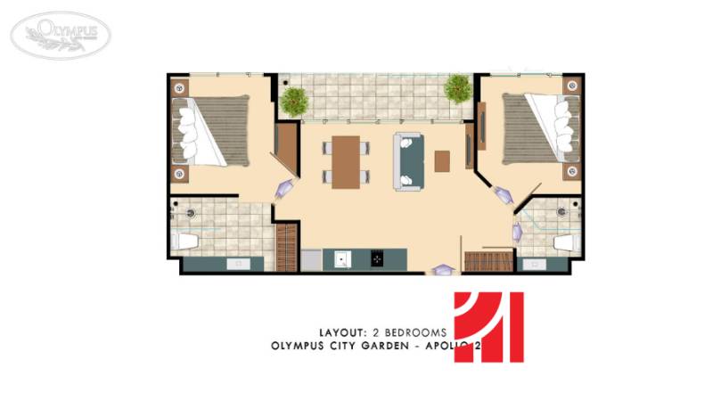Grundriss einer 3-Zimmer-Wohnung mit zwei Schlafzimmern, Küche, Wohnzimmer, Terrasse und zwei Badezimmern.