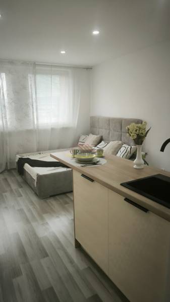 Einzimmerwohnung mit einem Textilsofa, einer Kücheninsel und dekorativen Blumen.