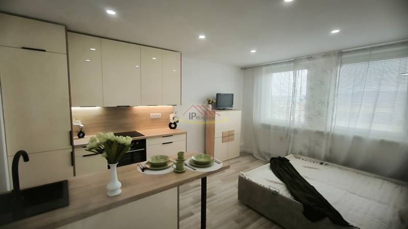 Küchenzeile mit Esstisch, Bett und Fernseher im Einzimmerapartment.