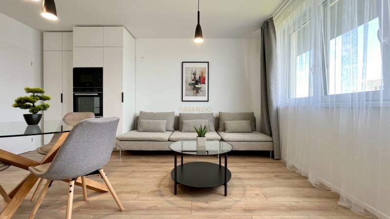 Wohnzimmer in einer Zweizimmerwohnung mit Sofa, Esstisch und großem Fenster.