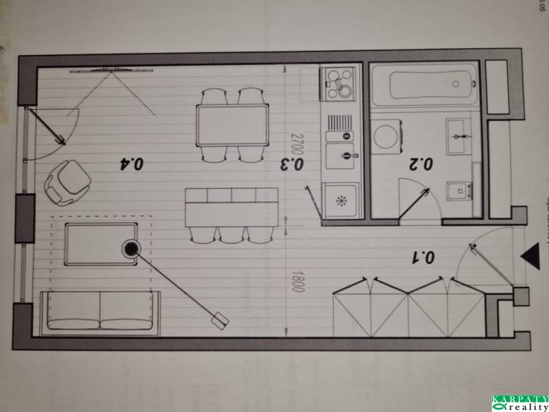 Grundriss einer 1-Zimmer-Wohnung mit Einrichtung: Küche, Badezimmer und Wohnzimmer mit Essbereich.