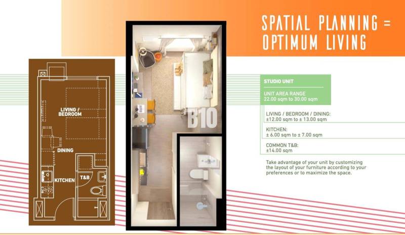Grundriss einer 1-Zimmer-Wohnung mit Küche, Wohnzimmer und Badezimmer, optimierter Raum.