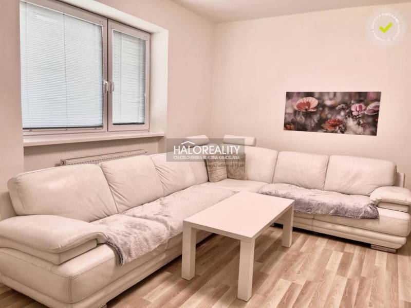 Ein helles Wohnzimmer in einer 3-Zimmer-Wohnung mit einem weißen Sofa und einem Blumenbild an der Wand.