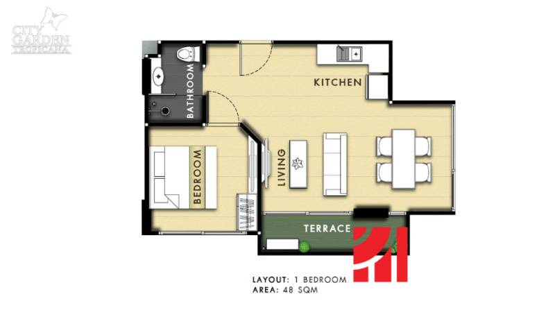 Grundriss einer 2-Zimmer-Wohnung mit Küche, Wohnzimmer, Terrasse und Badezimmer.