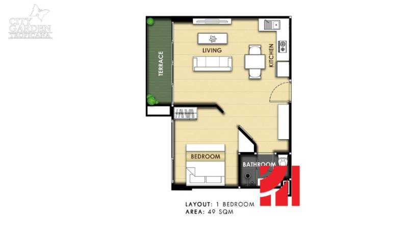 Grundriss einer 2-Zimmer-Wohnung mit Terrasse, Küche, Wohnzimmer und Badezimmer. Fläche 49 m².