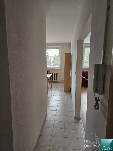 Ein Flur mit Fliesen, der in den Wohnbereich einer Zweizimmerwohnung führt.