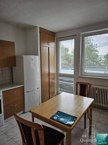 Küche mit Esstisch, Kühlschrank und Schränken in einer 2-Zimmer-Wohnung.