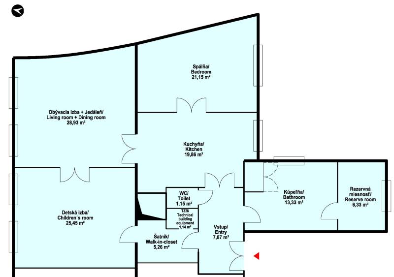 Grundriss einer 3-Zimmer-Wohnung: Wohnzimmer, Küche, Schlafzimmer, Kinderzimmer, Badezimmer, Ankleidezimmer.