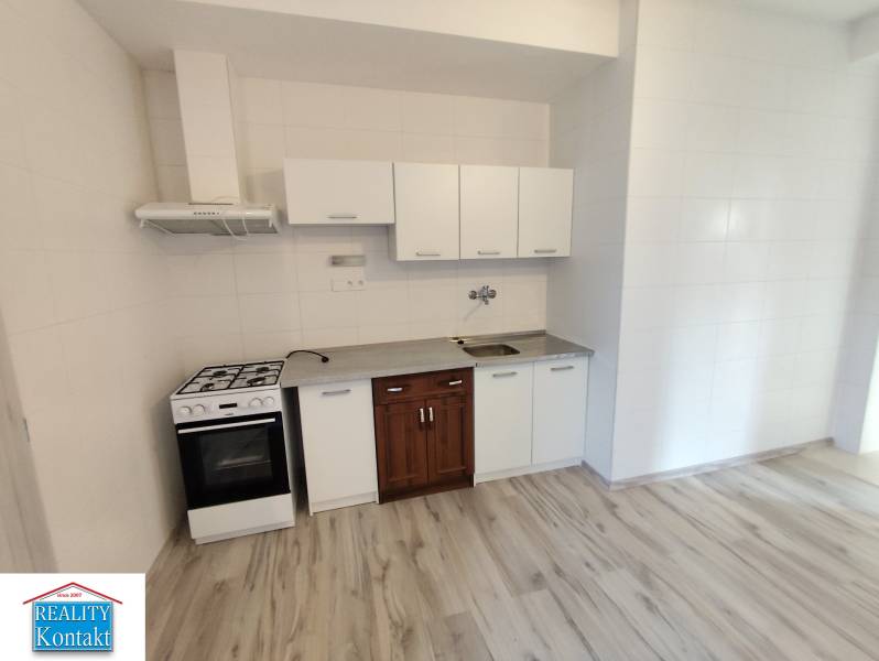 Küchenbereich in einer Einzimmerwohnung mit Bodenbelag und Küchenzeile.