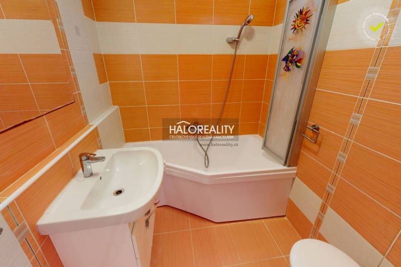Badezimmer in einer 4-Zimmer-Wohnung mit orangefarbenen Fliesen, einer Duschkabine und einem Waschbecken.