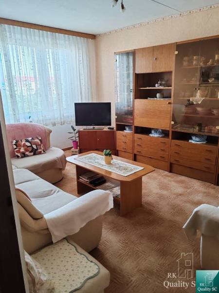 Wohnzimmer mit Sofa, Fernseher und Holzschrank in einer 3-Zimmer-Wohnung.