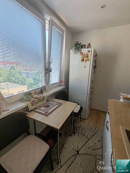 Küche in einer 3-Zimmer-Wohnung mit Esstisch und Kühlschrank, Blick auf städtisches Grün.