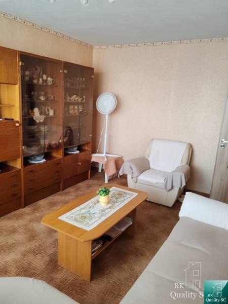 Wohnzimmer in einer 3-Zimmer-Wohnung mit Holzmöbeln und einem weißen Sessel.