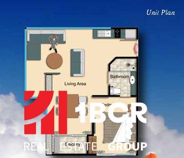 Grundriss einer 2-Zimmer-Wohnung mit Wohnzimmer, Badezimmer und Balkon.