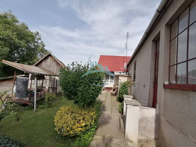 Der Garten des Einfamilienhauses in Hrkovce mit Gehweg, Pavillon und Grünflächen.
