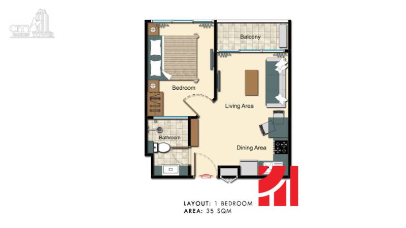 Grundriss einer 2-Zimmer-Wohnung mit Balkon, Wohnbereich und Esszimmer, 35 m².