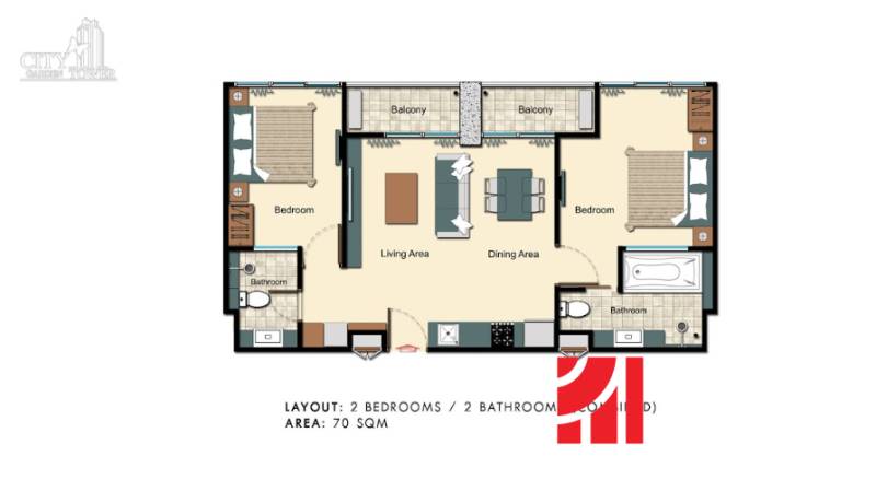 Der Grundriss zeigt eine 3-Zimmer-Wohnung mit zwei Schlafzimmern und zwei Badezimmern, ausgestattet mit Balkonen.