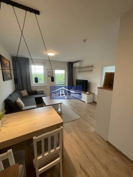 Wohnzimmer in einer Zweizimmerwohnung mit Sofa, Fernseher und Esstisch.