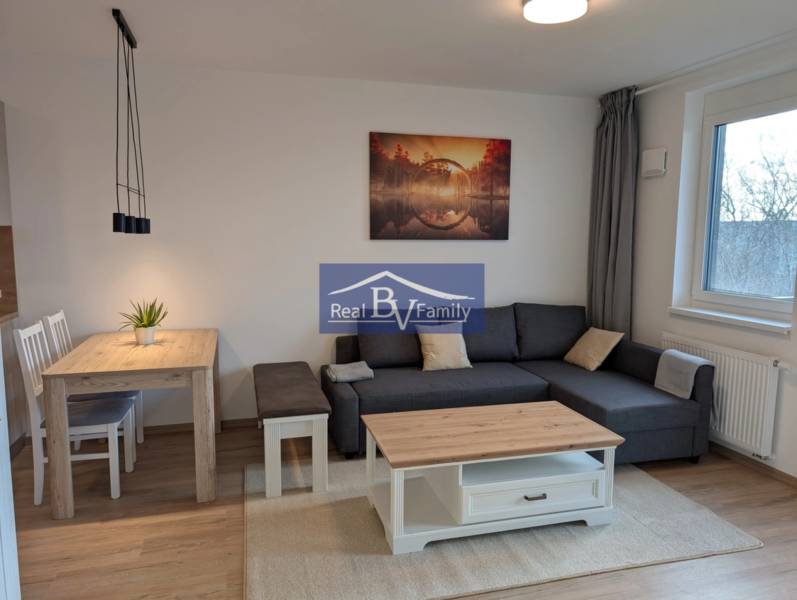Wohnzimmer in einer 2-Zimmer-Wohnung mit einem bequemen Sofa und einem Esstisch.