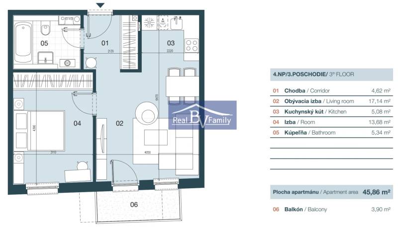 Grundriss einer 2-Zimmer-Wohnung mit Eingangsdiele, Wohnzimmer, Küchenzeile, Zimmer und Balkon.