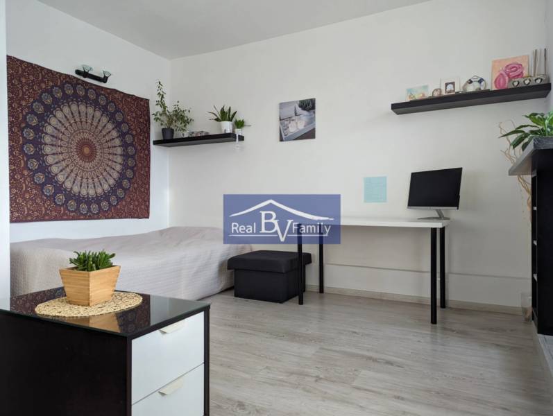 Garçonniere mit Bett, Tisch, Pflanzen und Teppich an der Wand.