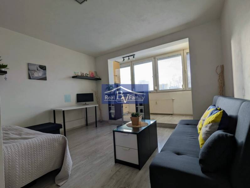 Das Studio bietet ein Bett, ein Sofa und eine Arbeitsecke mit einem Computer, eine angenehme helle Umgebung.