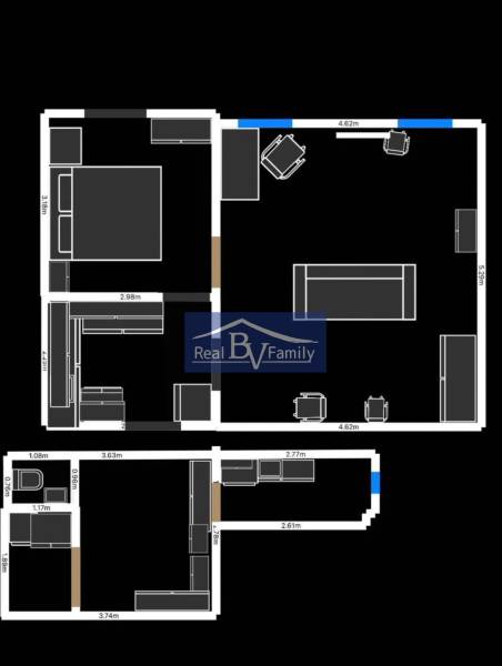 Grundriss einer 2-Zimmer-Wohnung mit Möbeln und genauen Abmessungen der einzelnen Räume.