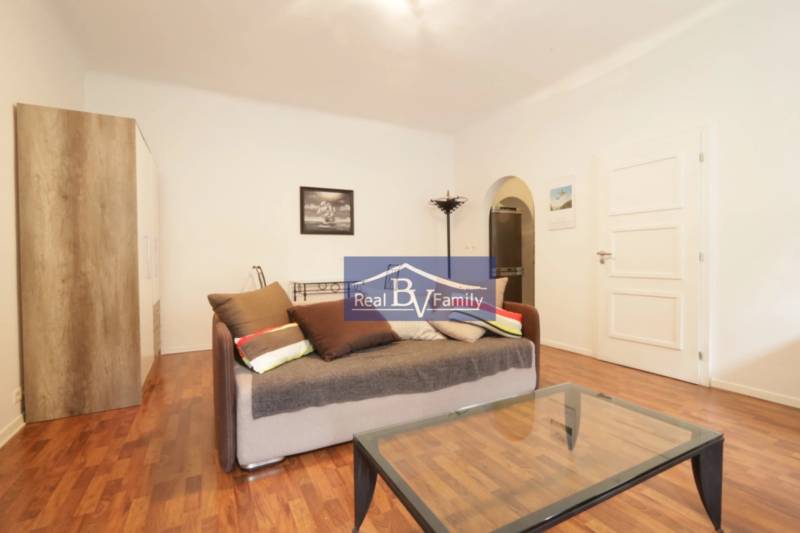 Wohnzimmer in einer Zweizimmerwohnung mit Sofa, Couchtisch und Holzboden.