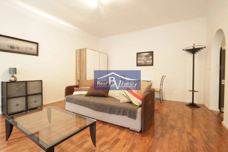 Wohnzimmer mit Sofa, Couchtisch und Dekorationen in einer 2-Zimmer-Wohnung.