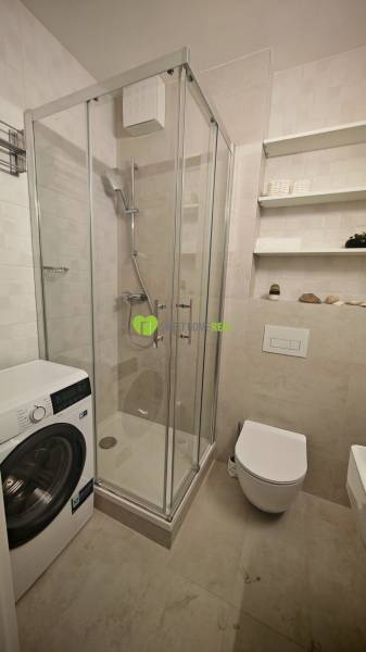 Badezimmer mit Dusche, Waschmaschine, Toilette und Regalen in einer Einzimmerwohnung.