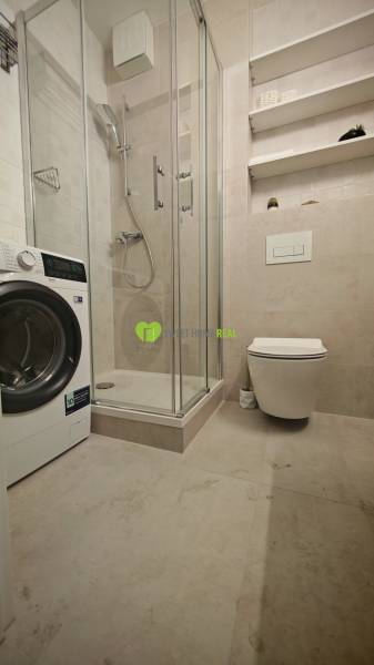 Badezimmer mit Waschmaschine, Duschkabine und Toilette in einer Einzimmerwohnung.