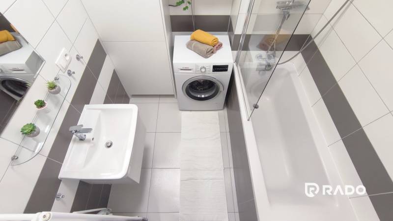 Badezimmer einer Zweizimmerwohnung mit Waschmaschine, Badewanne und Waschbecken, Zubehör Sukkulenten.