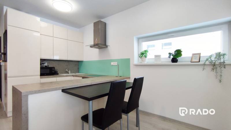 Küche in einer 2-Zimmer-Wohnung mit Bartresen, Stühlen und dekorativen Pflanzen auf der Fensterbank.